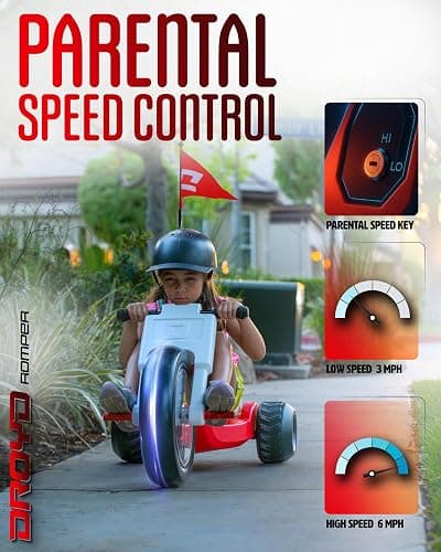 Droyd Romper Electric Tricycle for Kids 3+ Years, 24V Toy 3-6 MPH Max Speed & 45 Mins Max Long Lasting, Parental Speed Control Safe Trike with Adjustable Seat & LED Lights for Kids Gifts thumbnail 8