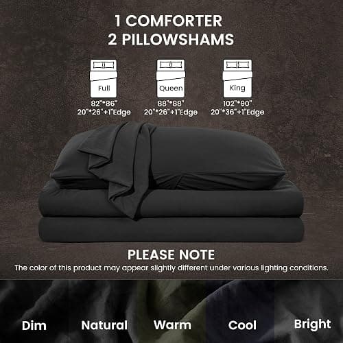 SLEEP ZONE King Size Comforter Set, Duvet Insert with Natural Wrinkle Texture, Cotton-Linen Feel, Lightweight and Breathable Fluffy Bedding Sets with 1 Comforter and 2 Pillow Shams (Washed Black) thumbnail 5