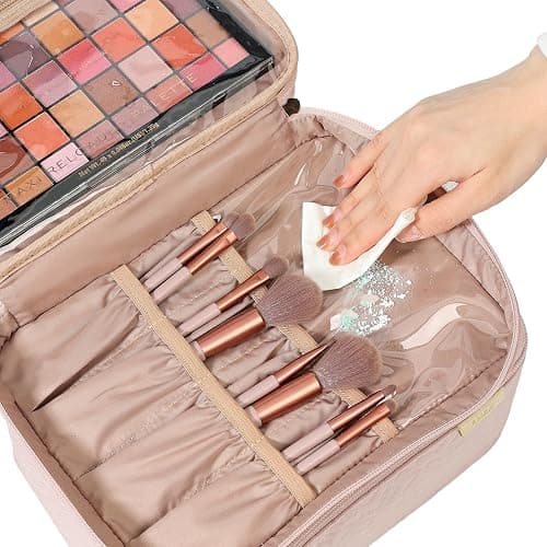 NISHEL Large Double Layer Travel Makeup Bag Women, Cosmetic Case, Organizer for Travel-Size Accessories Bottles, Brushes, Conditioner, and Skin Care Products, Pink thumbnail 4