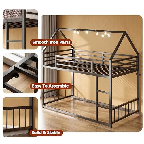 LIKIMIO Bunk Bed Twin Over Twin, House Bunk Bed Frame with Ladder and Guardrail, House Shaped with Metal Slats for Dormitory and Bedroom, Space Saving, No Box Spring Needed, Black thumbnail 3
