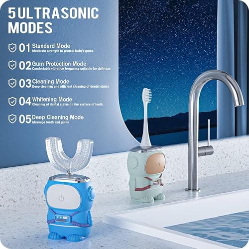 RexCodar Ultrasonic Kid's U-Shaped Electric Toothbrush, IPX7 Waterproof, Five Cleaning Modes, 60S Smart Reminder (Navy Blue, Ages 6-12) thumbnail 3