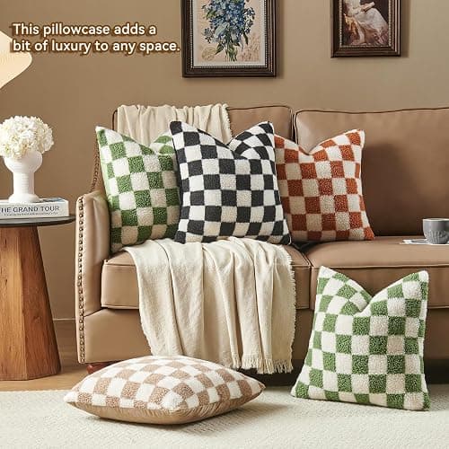 AmHoo Pack of 2 Decorative Throw Pillow Covers Checkerboard Luxury Super Soft Faux Fur Wool Set Case Cushion for Couch Sofa Bedroom 18 x 18-Inch Sage Green thumbnail 5