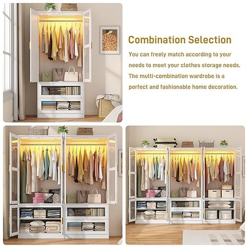 6 Doors Armoire Wardrobe Closet with LED and Mirror,71" H Freestanding Wooden Wardrobe Closet Cabinet for Bedroom w 2 Drawers,Wooden Clothing Storage Cabinet w Hanging Rod,Closets for Bedroom(White) thumbnail 5