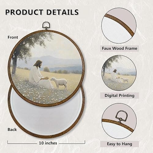 Qskjre Vintage Easter Christian Wall Art Decor, Religious Jesus Sheep Round Wood Framed Canvas Wall Artwork, Farmhouse Lamb Hanging Prints for Church Living Room Bedroom Decorations 10x10inch thumbnail 7