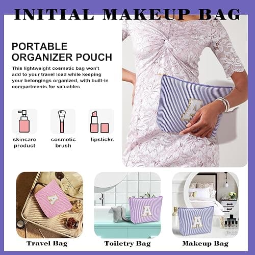 Fohufo Birthday Gifts for Women - Initial Makeup Bag Set, Portable Makeup Pouch Cosmetic Bag with Zipper, Travel Essentials Toiletry Bag Travel Gifts for Women, Blue Letter B thumbnail 3
