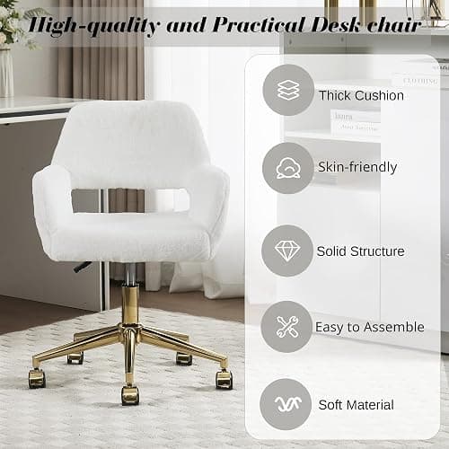 HENGJIANYI Faux Fur Swivel Desk Chair, Modern Fluffy Makeup Vanity Chair, Height Adjustable Armchair with Gold Base, Ergonomic Office Chair with Hollowed Back, White thumbnail 9