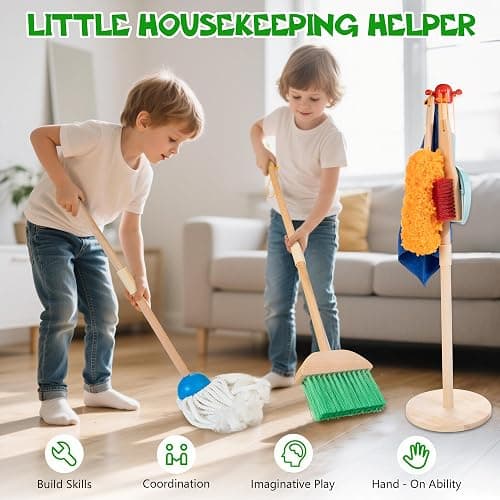 Wooden Kids Cleaning Set with Spray Mop, Montessori Cleaning Toys Real Water Sprayer and Toddler Broom Mop Set, Housework Pretend Play Toy Gift for Boys Girls Ages 3+ thumbnail 4