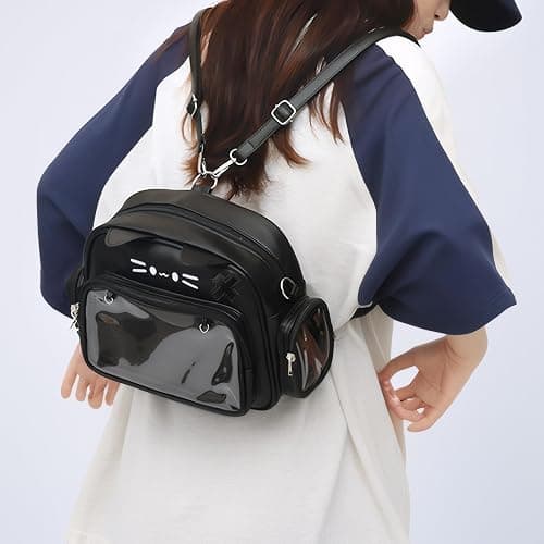 Lifelix Cat Ita Bag Backpack with Clear Window, Kawaii Pin Display Crossbody Bag, Y2K Anime Purse for Pins (Black) | Clear window displays 10-20 enamel pins with insert board. 3-way carry: backpack, shoulder, crossbody. Water-resistant PU thumbnail 10