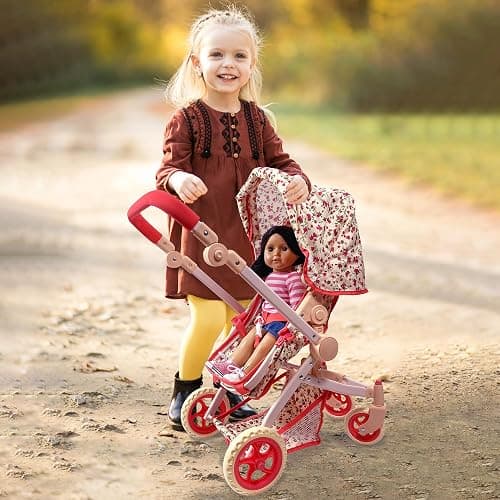 Convertible Combo Baby Doll Stroller for 3 Year Old Girls & Up | Play Toy Baby Stroller for Dolls, Folding Adjustable Bassinet Carriage Buggy with Storage Basket Converts to Sit Up Pushcart Pram, Red thumbnail 2