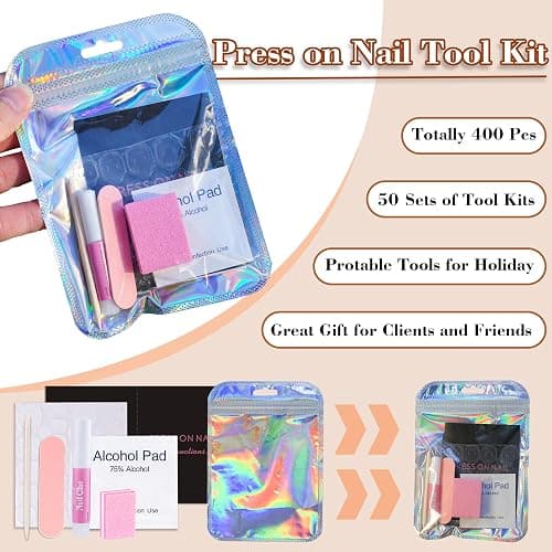 50 Set Press On Nail Tool Prep Kit for Salon Business, Disposable Manicure Kit with Nail File, Buffer, Glue, Prep Pad, Instruction Card, Adhesive Tabs, Wood Stick, Holographic Bag thumbnail 2