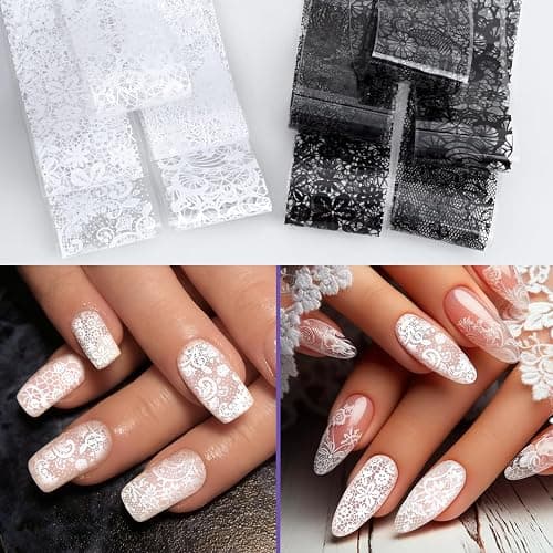 DC,CLISENCE 20 Sheets Lace Nail Foil, Lace Foil for Nails, Laces Nail Stickers, Transfer Nail Art for DIY Nails Women (Black+White) thumbnail 5
