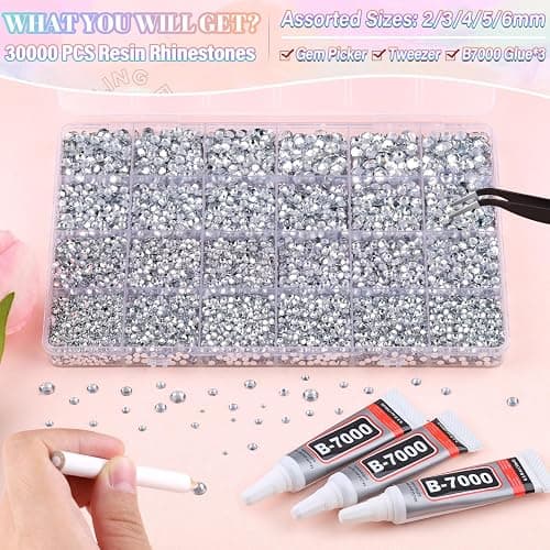 30000Pcs Resin Silver Clear Rhinestones for Bedazzling Crafting with b7000 Jewelry Glue, Bulk Flatback Gems Bedazzler Kit for Crafts Clothes Shoes Fabric Nail Diamond Art, Assorted Size 2/3/4/5/6mm - Large Pack + 3Pcs Glue - Clear thumbnail 2