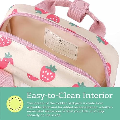 Itzy Ritzy Toddler Backpack - Daycare Bag - Features Adjustable Shoulder Straps, 2 Side Pockets & Spacious Interior with Wipeable Fabric Lining & Name Label, Strawberry Backpack thumbnail 5