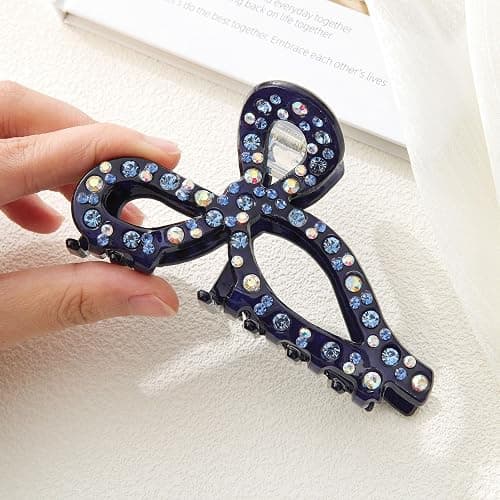 AWAYTR Rhinestone Hair Bow Claw Clip for Women, 4.3", Butterfly Style, Non Slip, for Long Thick Hair (Navy) thumbnail 4