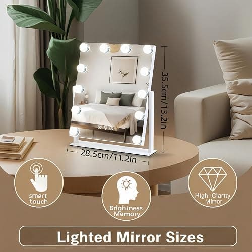 ZBOCAI Vanity Mirror with Lights, 13'' x 11'' Lighted Makeup Mirror for Desk, Hollywood Mirror with 12 Dimmable Bulbs, 3 Color Modes, Smart Touch Control, 360°Rotation, Valentines Day Gifts for Her thumbnail 2