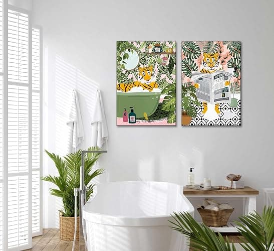 2Pcs Fun Bathtub Animals Bathroom Canvas Wall art Maximalist Tropical Botanical Tiger Reading Newspaper on Toilet Painting Pictures Wall Decor Eclectic Jungle Toilet Poster Print Artwork - bathroom - 12x16in Canvas thumbnail 6