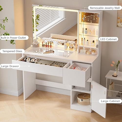 wanan Vanity with Glass Top, White Vanity Desk with Mirror and Lights, Jewelry Storage, Power Outlet, 3 Adjustable Lighting Modes, Makeup Vanity with 2 Drawers for Bedroom thumbnail 3
