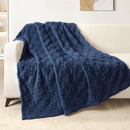 Exclusivo Mezcla 3D Checkered Fleece Throw Blanket for Couch, Navy Blue | Soft Lightweight Fuzzy Blanket, Breathable Cozy Cute Fluffy Blanket for Sofa, Chair, Home Decor, All Season Comfort, 50"x60" thumbnail 3