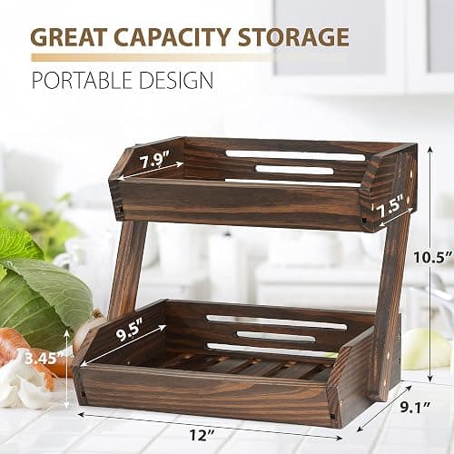 NAGAWOOD Large Capacity 2-Tier Wooden Fruit Basket, Durable Acacia Wood, 10.5" Tall, Spacious for Produce, Vegetables, Bread Storage and Home Kitchen Countertop thumbnail 2