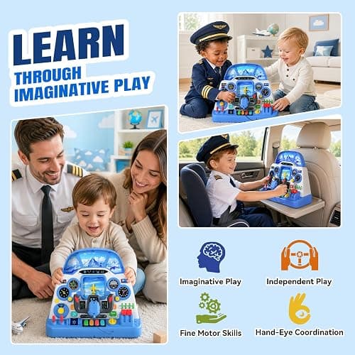 Airplane Steering Wheel Simulator Toy for Toddlers, Interactive Pilot Dashboard with Lights & Sounds, Sensory Pretend Play Learning Toy, Screen-Free STEM Educational Gift for Boys & Girls Ages 18M+ thumbnail 4