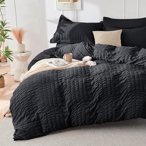 HYMOKEGE Black Full Size Comforter Sets Seersucker 7 Pieces, All Season Luxury Bed in a Bag for Bedroom, Bedding Set with Comforters, Sheets, Pillowcases & Shams thumbnail 2