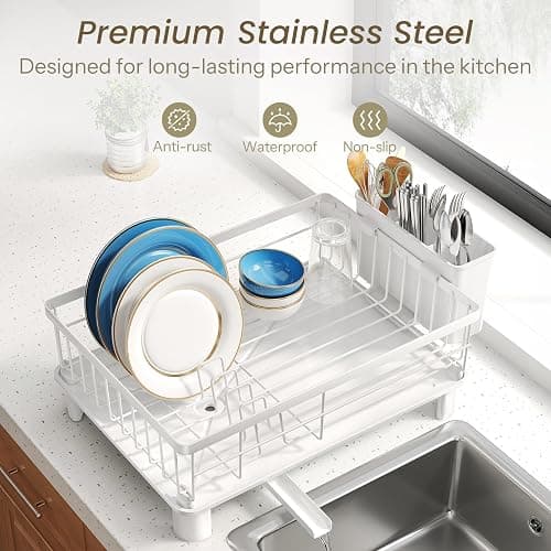 SNTD Dish Drying Rack - Small Dish Rack for Kitchen Counter, Stainless Steel Dish Drainer with Utensil Holder and Drainboard, 11" W x 15" L (White) thumbnail 5