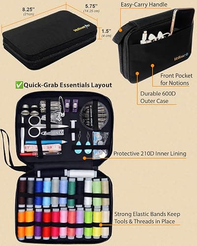 Vellostar Sewing Kit for Adults & Beginners – Portable Needle & Thread Travel Kit w/ 24 Thread Colors, Needles, Scissors & Tape Measure for Emergency Clothing Repairs, Buttons, Hemming & Home Mending thumbnail 5