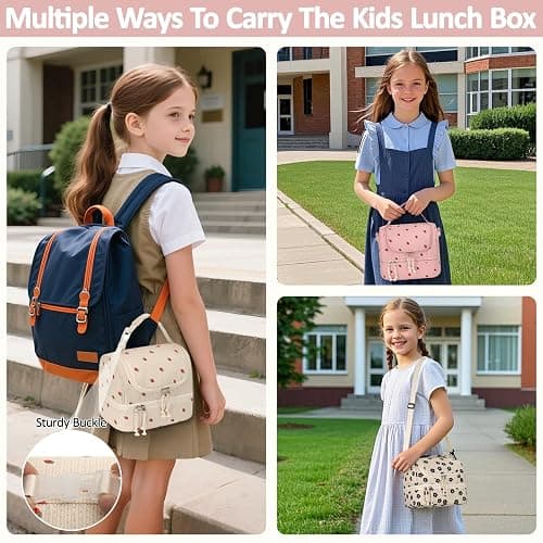 Vankor Corduroy Lunch Box Kids Insulated Lunch Bag Double Decker, Cute Leak-Proof Lunch Box for Boys Girls, Portable Cooler Lunch Bag Thermal Lunch Tote for School Picnic Travel, Beige Strawberry thumbnail 4