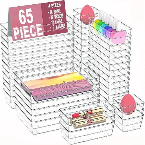 Manalete 65 Pcs Clear Plastic Drawer Organizer, Makeup & Vanity Organizer | 4-Size Versatile Desk Organizer & Storage Bins for Kitchen, Bathroom, Office, Jewelries, Easy Clean, Stackable, BPA-Free - Image 1
