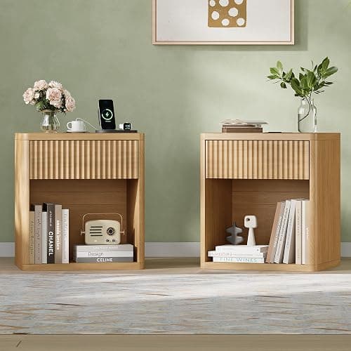 Fluted Nightstand Set of 2 with Charging Station, 21.7" Wide Modern Bedside Table with 1 Drawers Open Storage Cabinet, Wooden End Table for Bedroom, Natural Oak - Image 1