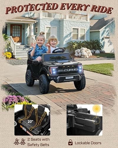 First Ride On 24V Ride on Toys for Big Kids, Licensed Ford F-150 Raptor 2 Seater Kids Ride on Car w/Remote Control, Toddler Electric Car w/LED Lights, Bluetooth, Truck Bed Storage, Soft Start (Black) thumbnail 5