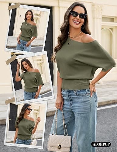 ADORPOP Off Shoulder Tops for Women - Short Sleeve Batwing Sweater Soft Cinched Waist Knit Summer Going Out Top Date Night thumbnail 3