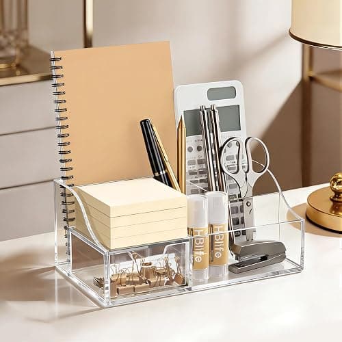 HBlife Acrylic Desk Organizer with Drawer, Pen & Pencil Holder, Multifunctional Desktop Caddy for Office Supply and Organization (Clear) thumbnail 6