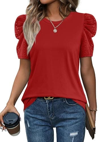 WIHOLL Summer Tops for Women Puff Sleeve Crewneck T Shirts Dressy Casual Blouses Spring Outfits Fashion Clothes - Image 1