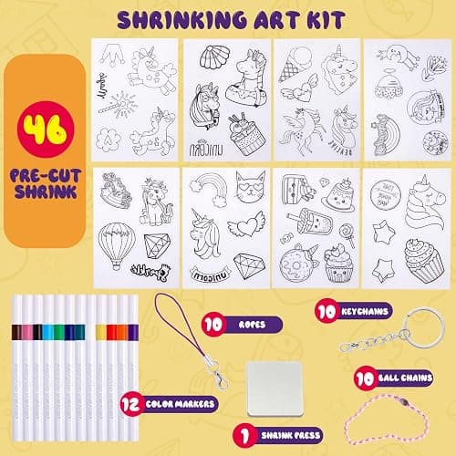 89PC DIY Unicorn Shrink Plastic Art Kit - 46 Pre-Cut Shapes, 12 Markers & Accessories - Make Charms, Keychains & Tags - No-Mess Craft for Kids - Birthday Gift with Shrinky Plastic Sheets thumbnail 3