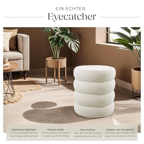 tectake® Hocker mit Stauraum, Scandi Sitzhocker Bouclé Teddy Stoff, Pouf, Polsterhocker rund für Schminktisch, Wohnzimmer Möbel, als Flur Möbel, Stauhocker Wohnen, Ø 42 x 47 cm - Bouclé Creme-weiß thumbnail 4