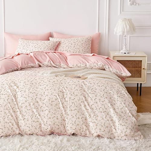 Wake In Cloud - Floral Comforter Set, Coquette Cottagecore Aesthetic Cute Flower Pattern for Women Teen Girls, Soft Lightweight Dorm Bedding, 3 Pieces, Dusty Pink, Queen Size thumbnail 3
