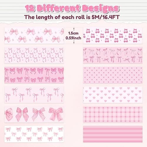 BkeeCten 12pcs Pink Bow Washi Tape, Trendy Watercolor Pink Bow Cherry Preppy Aesthetic Decorative Tape, Cute Bowknot Heart Buffalo Plaid Artistic Tape for DIY Craft Scrapbook Wrapping Decor thumbnail 2