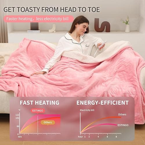 ESTINGO Heated Blanket Throw, Electric Throw Blanket with 5 Heating Levels & 4 Hours Auto Off, Soft Cozy Flannel Sherpa Electric Heated Blanket with ETL Certified for Office, 50"x60", Pale Pink thumbnail 4