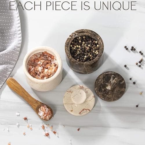 Brown Marble Salt Cellar with Lid (3.5oz) - Scratch-resistant & Easy-to-Clean Salt Containers for Countertop - Elegant & Versatile Marble Jar to Store Salt, Sugar & Dry Spices - Compact Salt Dispenser thumbnail 9