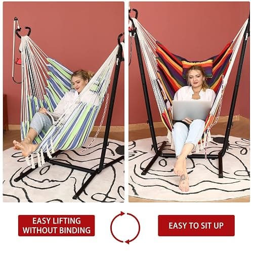 ZEYU Hammock Chair with Stand Double Hammock Chair Bohemian Style with Tassel Mobile Phone Support Manual Adjustable Swing Indoor and Outdoor Garden Porch with Floor mat Reclining Capacity 400 pounds thumbnail 4