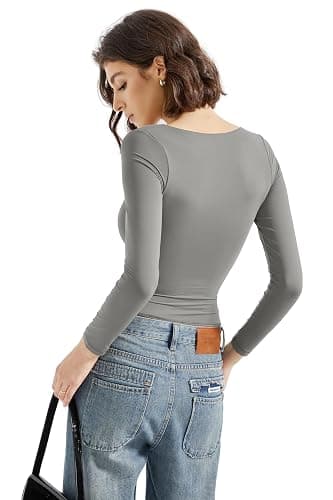 SUUKSESS Women Square Neck Long Sleeve Tops Double Lined Going Out T Shirts thumbnail 6