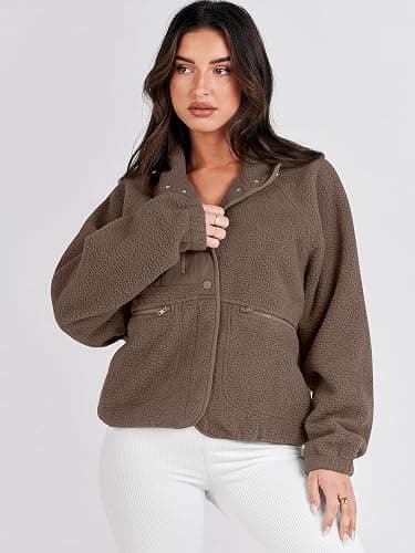 ANRABESS Womens Fuzzy Fleece Jacket Fall Casual Long Sleeve Cropped Sherpa Button Down Shacket Coats Outwear With Pockets thumbnail 7