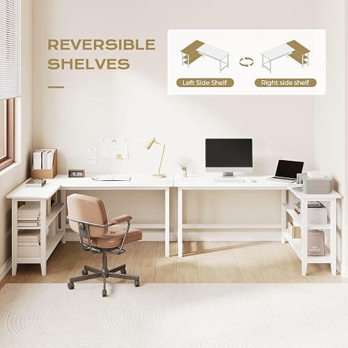 IOTXY 45" Reversible L-Shaped Office Desk with Storage Shelves, White | Solid Rubberwood Legs, 0.6" MDF Desktop, Reversible 2-tier Shelves, Compact Corner Computer Table for Small Spaces thumbnail 4
