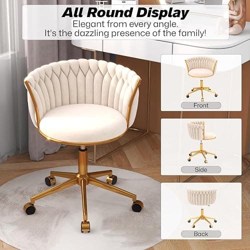 HENGJIANYI Velvet Woven Home Office Chair, Modern Swivel Desk Chair with Wheels, Height Adjustable Vanity Chair with Gold Metal Base and Hand Weaving Back, Beige thumbnail 7