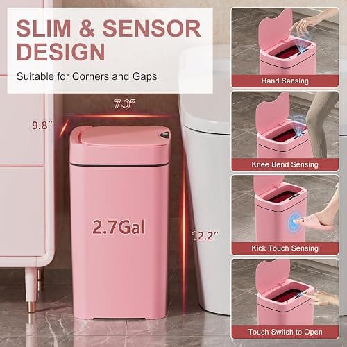 Vanpopubs 2 Pack 2.7 Gal Bathroom Trash Can with Lid, Automatic Trash Can Small Smart Garbage Can Touchless, Slim Motion Sensor Waterproof Plastic Trash Bins for Bedroom Office Kitchen Toilet Pink thumbnail 3
