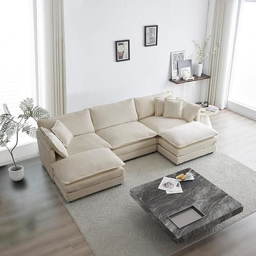 mikibama Modular Sectional Sofa, 111.5 Inch U Shaped Couch Set for Living Room, 3-Seater Comfy Cloud Couches with Movable Ottoman, DIY Combination, Chenille, Light Coffee thumbnail 6