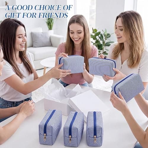 Sanwuta 6 Pcs Seersucker Cosmetic Bags Bulk Seersucker Makeup Bags Stripe Women Pouch Large Preppy Storage Pouch Toiletry Travel for Wedding Bridesmaid Bride Favor Back to Teacher Gift (Navy Blue) thumbnail 6
