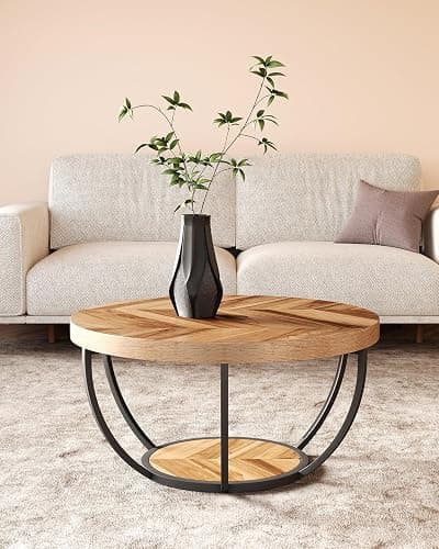 LITTLE TREE Round Coffee Table, 32" Circle Coffee Table for Living Room, 2-Tier Wood Accent Center Table with Open Storage Industrial Design Home Furniture (Wood Grain and Black) thumbnail 8