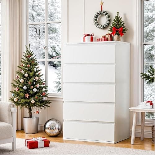FOTOSOK White Dresser, 5 Drawer Dresser Tall White Dresser with Large Storage Space, Modern Storage Chest of Drawers, 23.6L x 17.6W x 39.1H Inch Storage Organizer Cabinet for Home, White - White thumbnail 2